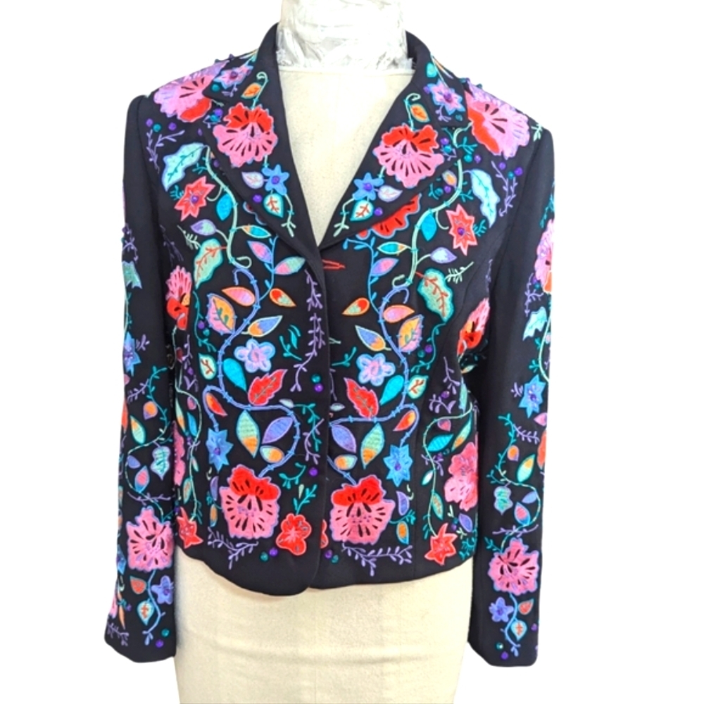VINTAGE John Meyer Corp core Embroidered Floral Beaded Black Blazer...Size 14